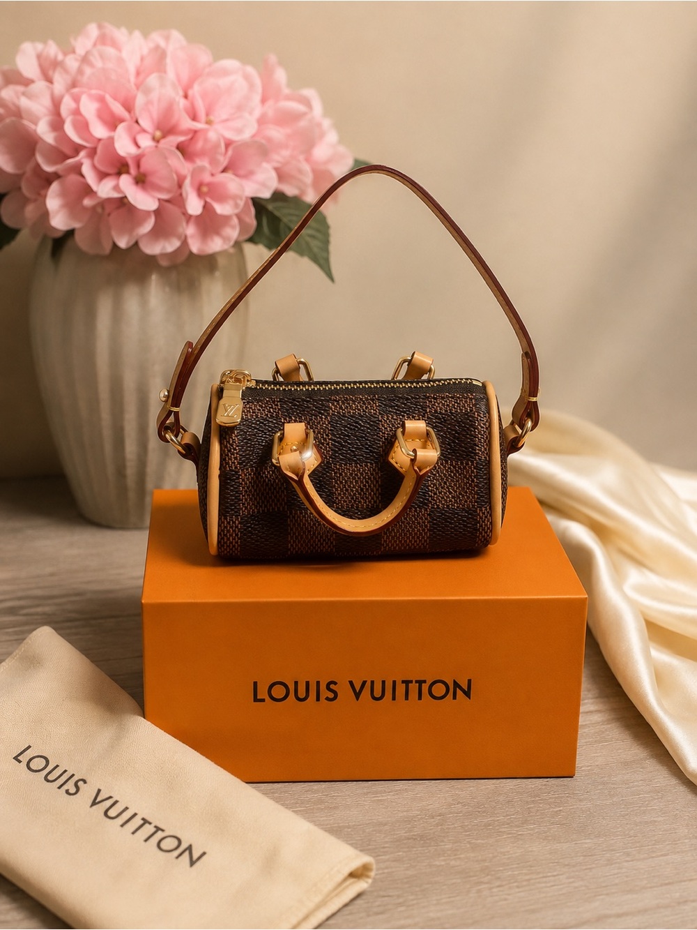 Luxury Brown Checker Canvas Mini Barrel Bag